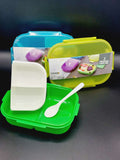 kids school lunch box blue, yellow, green, 3 compartements with spoon