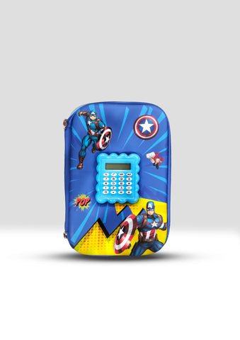 Captain America 3D Pencil Case with Calculator – Blue Kids Pouch for Boys