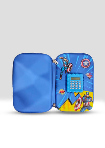 Captain America 3D Pencil Case with Calculator – Blue Kids Pouch for Boys