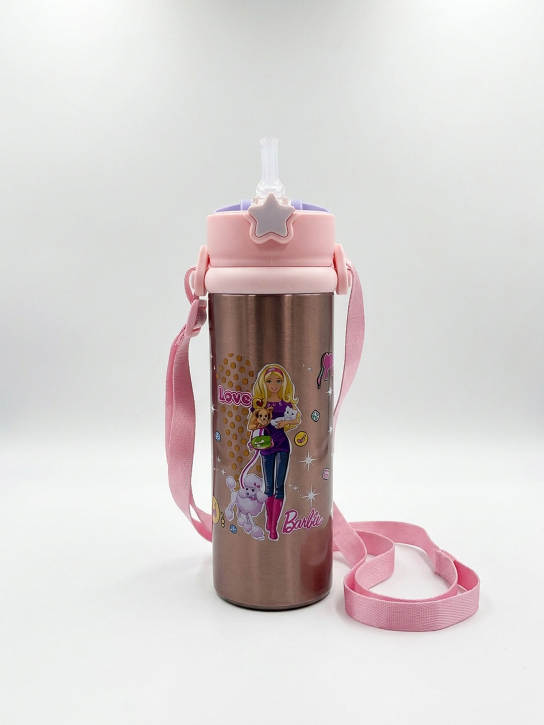 Barbie Themed Stainless Steel Water Bottle with Shoulder Strap – Lightweight & Travel Friendly