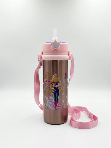 Barbie Themed Stainless Steel Water Bottle with Shoulder Strap – Lightweight & Travel Friendly