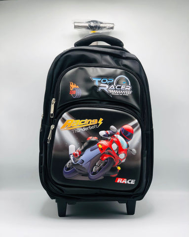 Top Racer 3D Motorcycle Trolley School Bag – Durable & Spacious Rolling Backpack for Boys