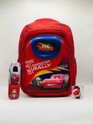 95 Car Theme 3-in-1 School Set – Backpack, Geometry Box & Watch Combo for Kids