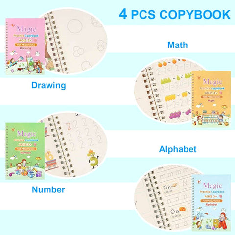 Sank Magic Practice Copybook Set Of 4 Books With Pen & Refills Reusable Handwriting Workbook Tracing Practice Book For Preschools