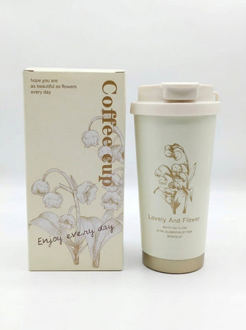 Floral Coffee Mug with Flip-Top Lid & Straw