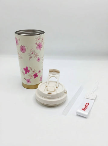Floral Coffee Mug with Flip-Top Lid & Straw