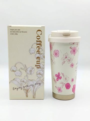 Floral Coffee Mug with Flip-Top Lid & Straw