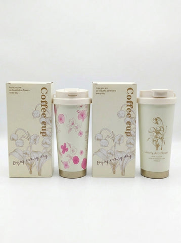 Floral Coffee Mug with Flip-Top Lid & Straw