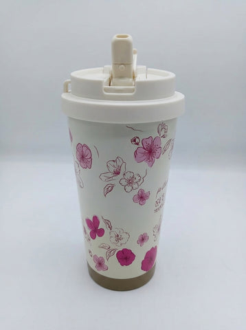 Floral Coffee Mug with Flip-Top Lid & Straw