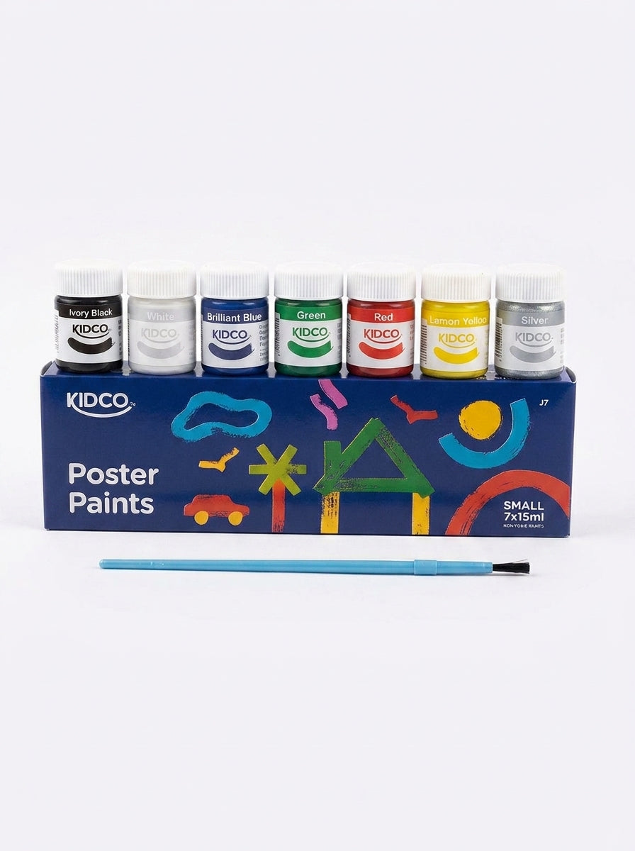 KIDCO Poster Colors | Set Of 15ML 7 Colors (6 Matte + 1 Glitter Color) with Brush