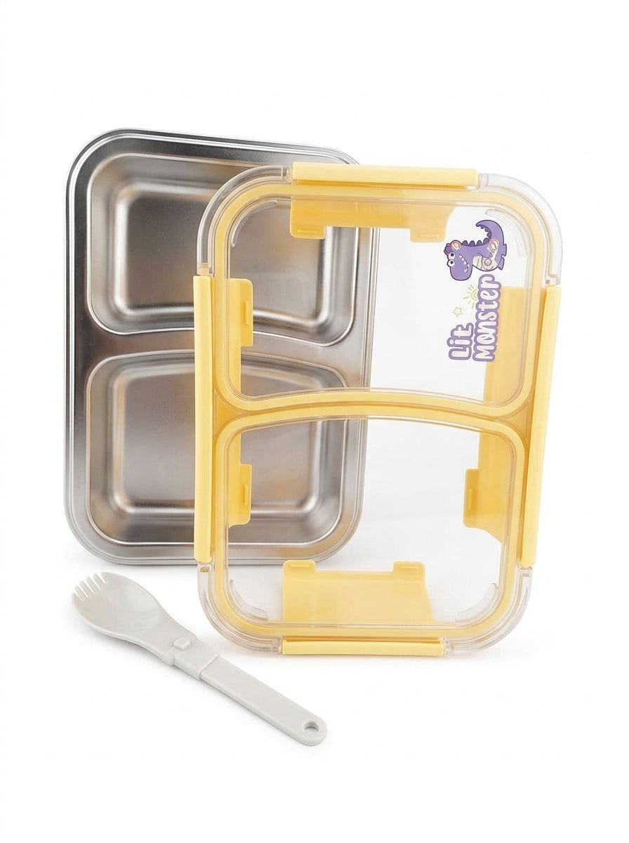 Two Compartment Stainless Steel Lunch Box with Foldable Fork for Kids