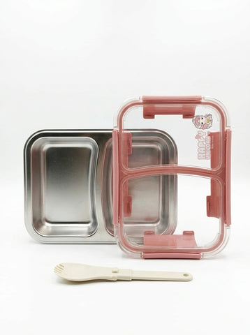 Two Compartment Stainless Steel Lunch Box with Foldable Fork for Kids