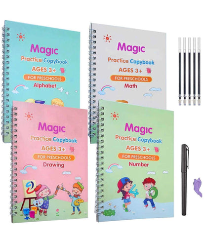 Sank Magic Practice Copybook Set Of 4 Books With Pen & Refills Reusable Handwriting Workbook Tracing Practice Book For Preschools