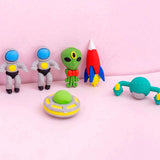 Outer Space Erasers Pack For Kids Fancy Non-PVC Miniature Erasers 4 Pcs Set, Mini Astronaut, Alien, Rocket And UFO, Dust-Free Eraser Rubber