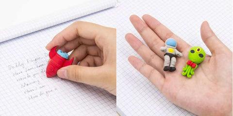 Outer Space Erasers Pack For Kids Fancy Non-PVC Miniature Erasers 4 Pcs Set, Mini Astronaut, Alien, Rocket And UFO, Dust-Free Eraser Rubber