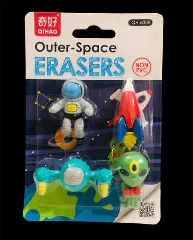 Outer Space Erasers Pack For Kids Fancy Non-PVC Miniature Erasers 4 Pcs Set, Mini Astronaut, Alien, Rocket And UFO, Dust-Free Eraser Rubber