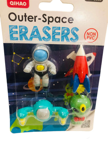 Outer Space Erasers Pack For Kids Fancy Non-PVC Miniature Erasers 4 Pcs Set, Mini Astronaut, Alien, Rocket And UFO, Dust-Free Eraser Rubber
