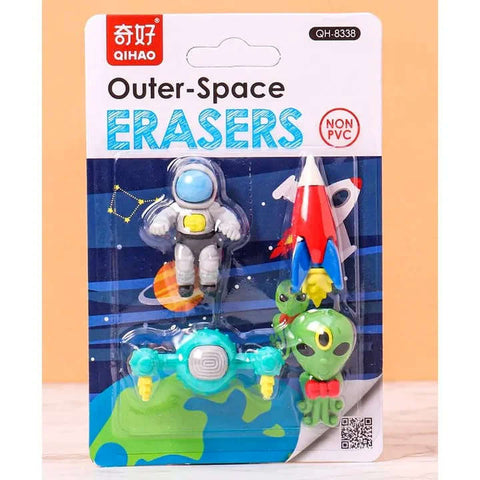 Outer Space Erasers Pack For Kids Fancy Non-PVC Miniature Erasers 4 Pcs Set, Mini Astronaut, Alien, Rocket And UFO, Dust-Free Eraser Rubber