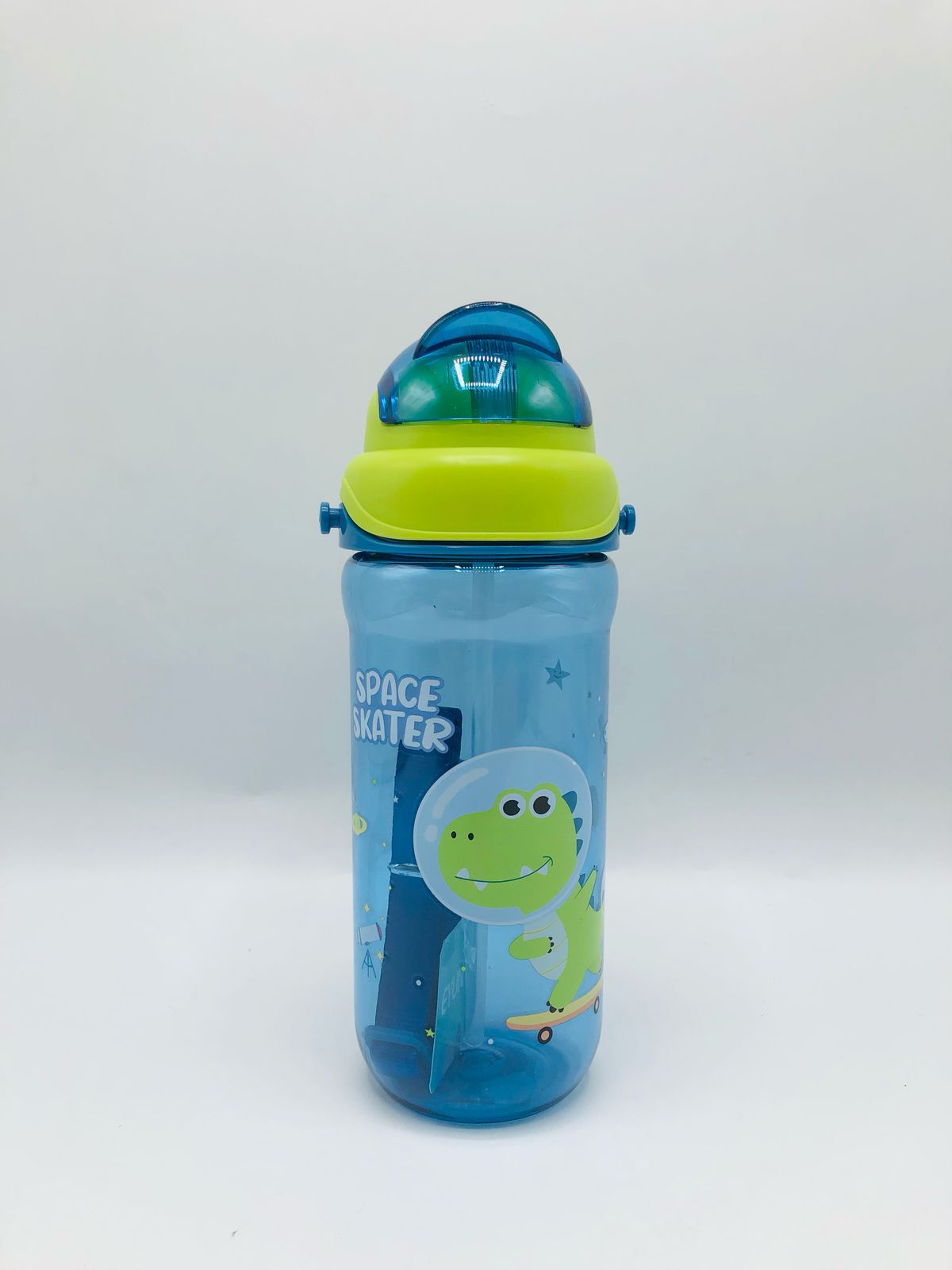 Dyno Themed Plastic School Water bottle with Silicon Straw and Strap