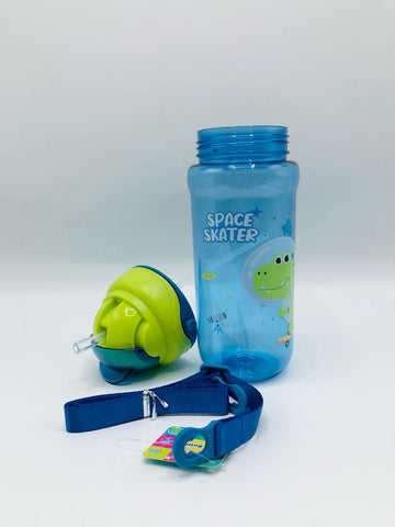 Dyno Themed Plastic School Water bottle with Silicon Straw and Strap