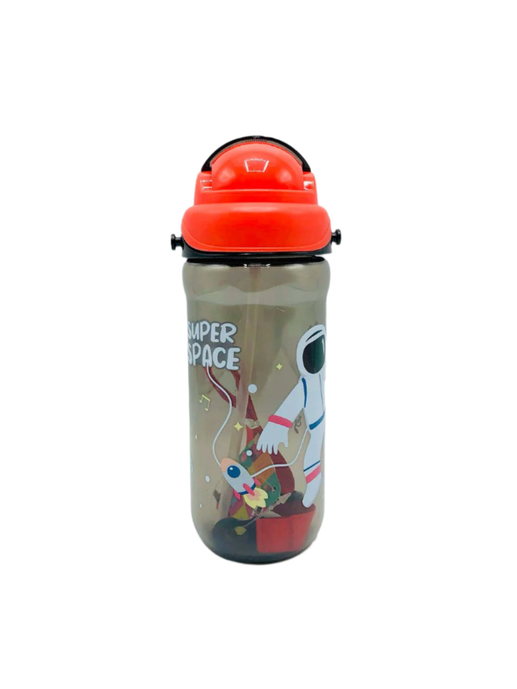 Space Themed Plastic School Water bottle with Silicon Straw and Strap