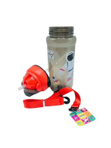 Space Themed Plastic School Water bottle with Silicon Straw and Strap