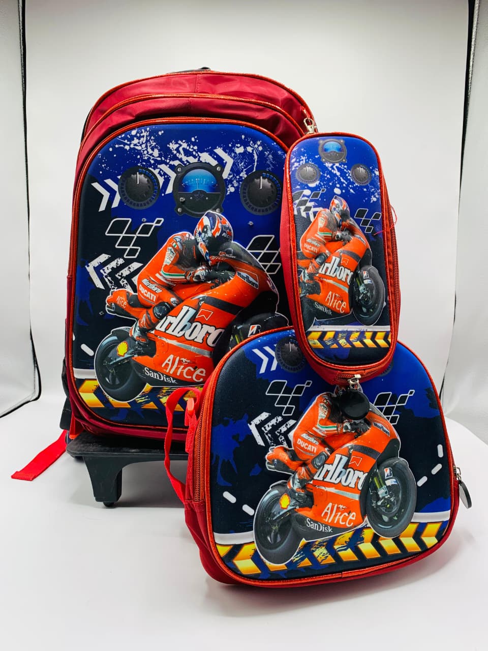 3-in-1 Biker Theme Kids Trolley School Backpack Combo