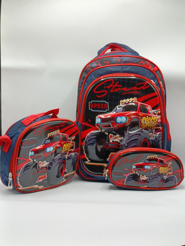 3-in-1 Monster Truck Detachable Trolley Bag Set for Boys – Trolley School Bag, Lunch Bag & Pencil Case