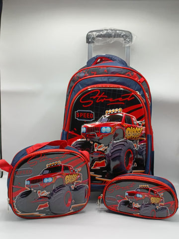 3-in-1 Monster Truck Detachable Trolley Bag Set for Boys – Trolley School Bag, Lunch Bag & Pencil Case