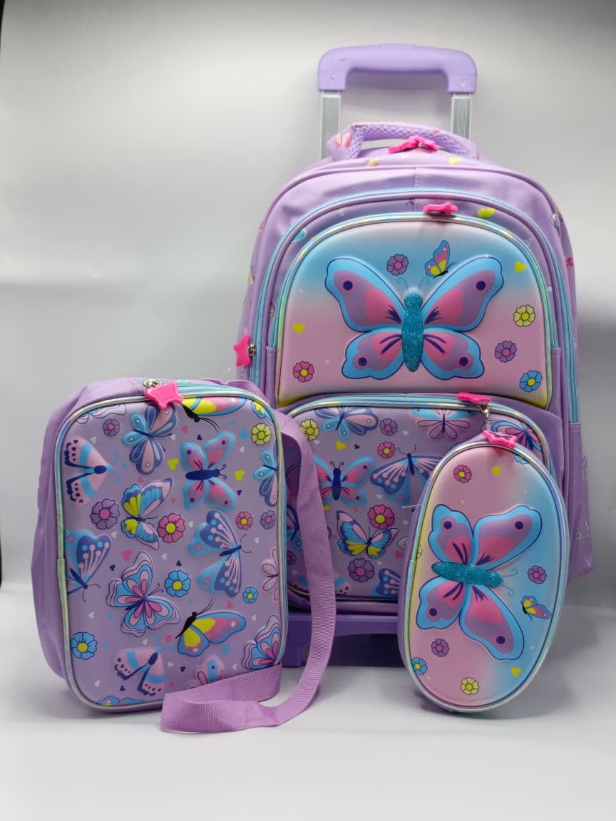 3-in-1 Butterfly Detachable Trolley Bag Set for Girls – Trolley School Bag, Lunch Bag & Pencil Case