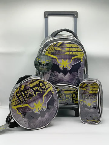 3-in-1 Graffiti Batman Trolley Bag Set for Kids – Rolling School Bag, Lunch Bag & Pencil Case