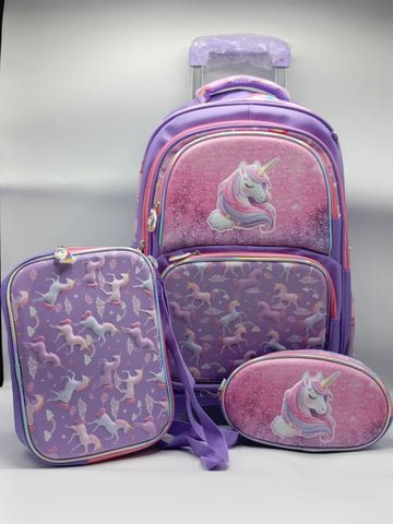 3-in-1 Unicorn Detachable Trolley Bag Set for Girls – Rolling School Bag, Lunch Bag & Pencil Case