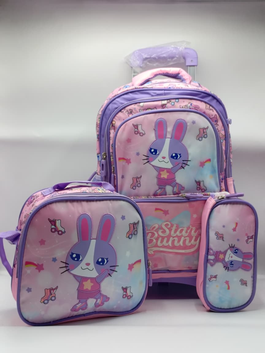 3-in-1 Star Bunny Detachable Trolley Bag Set for Girls – Rolling School Bag, Lunch Bag & Pencil Case