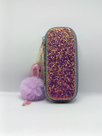 Glittery Stationery Pouch with Furry Flamingo Keychain – Cute Girls Pencil Case