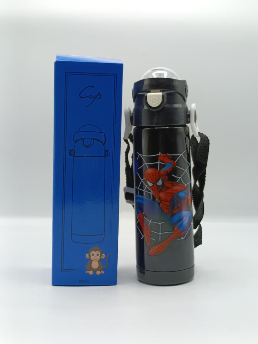 500ml Spider-Man Theme Stainless Steel Water Bottle for Kids – Sipper with Lock, Airtight Cap & Detachable Strap