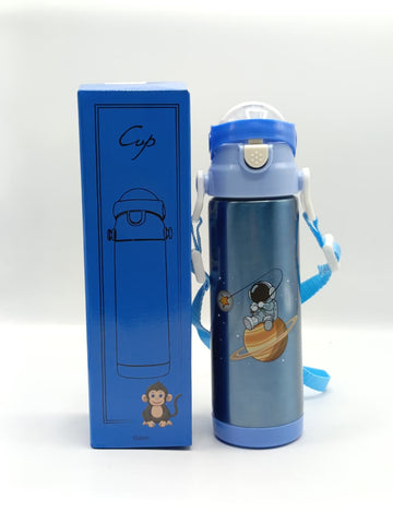 500ml Space Astronaut Theme Stainless Steel Water Bottle for Kids – Sipper with Lock, Airtight Cap & Detachable Strap