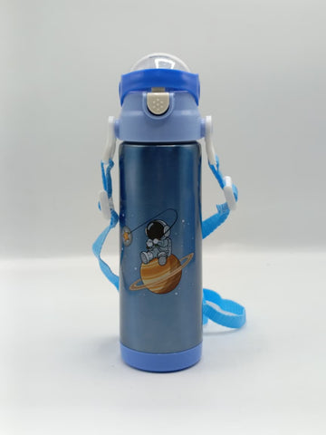 500ml Space Astronaut Theme Stainless Steel Water Bottle for Kids – Sipper with Lock, Airtight Cap & Detachable Strap