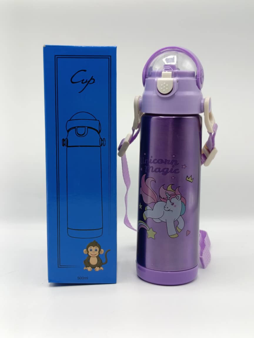 500ml Unicorn Theme Stainless Steel Water Bottle for Kids – Sipper with Lock, Airtight Cap & Detachable Strap
