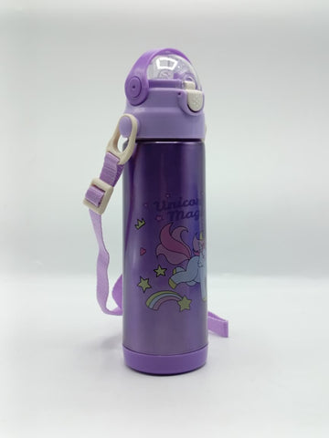 500ml Unicorn Theme Stainless Steel Water Bottle for Kids – Sipper with Lock, Airtight Cap & Detachable Strap