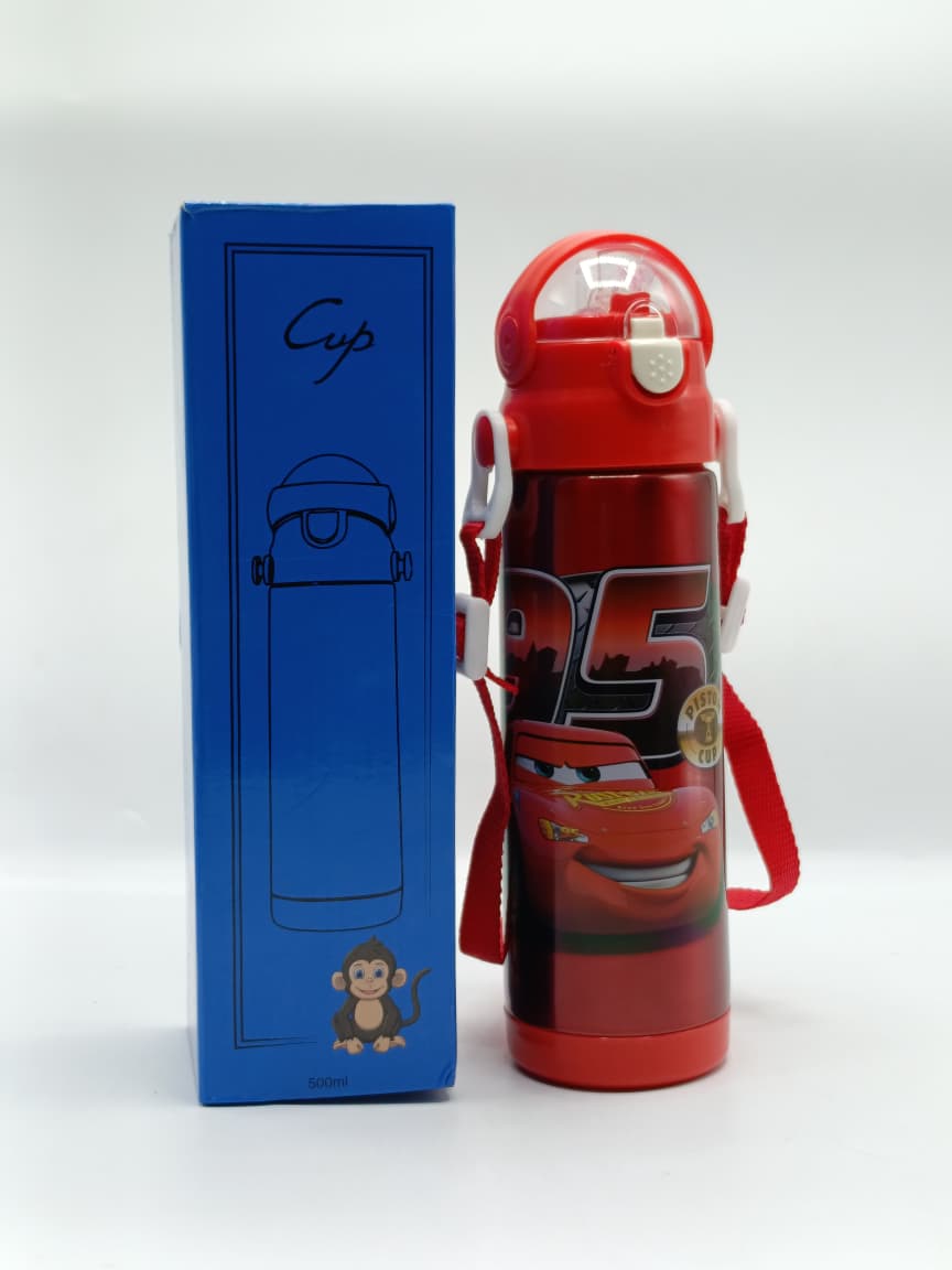 500ml Disney Cars Theme Stainless Steel Water Bottle for Kids – Sipper with Lock, Airtight Cap & Detachable Strap