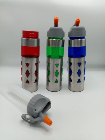 Kids Plastic Sports Water Bottle with Steel Cover – Push-Pull Spout with Geometric Design