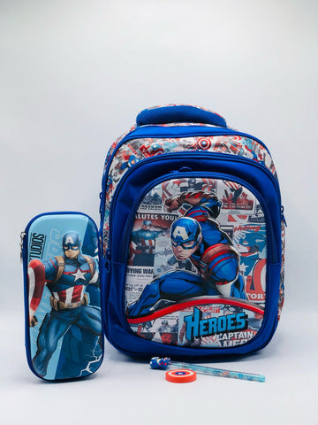 Captain Amarica  4-in-1 School Set – Superhero Backpack,Pencil,Eraser & Matching Pouch Combo for Boys