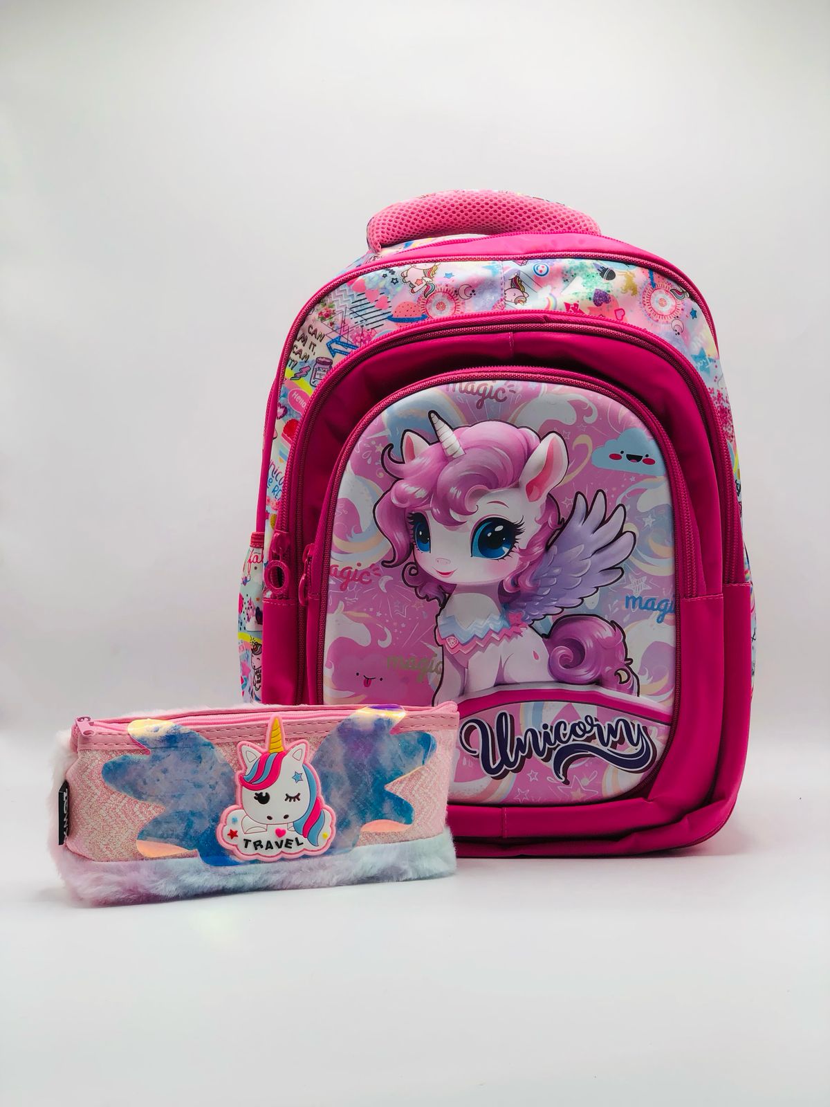 3D Unicorn 2-in-1 School Set – Magical Backpack & Matching Pouch Combo for Girls