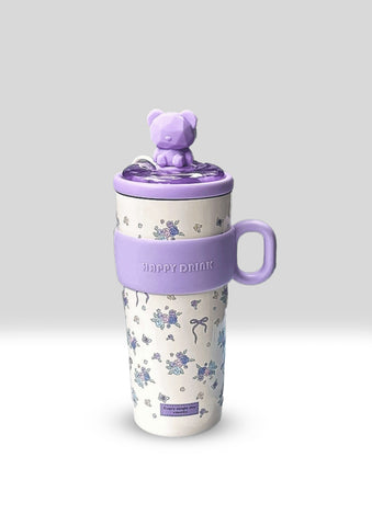 "Happy Drink" Kawaii Patterned Insulated Tumbler with Bear Lid