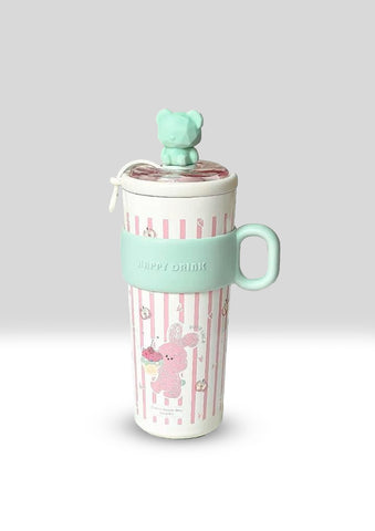 "Happy Drink" Kawaii Patterned Insulated Tumbler with Bear Lid