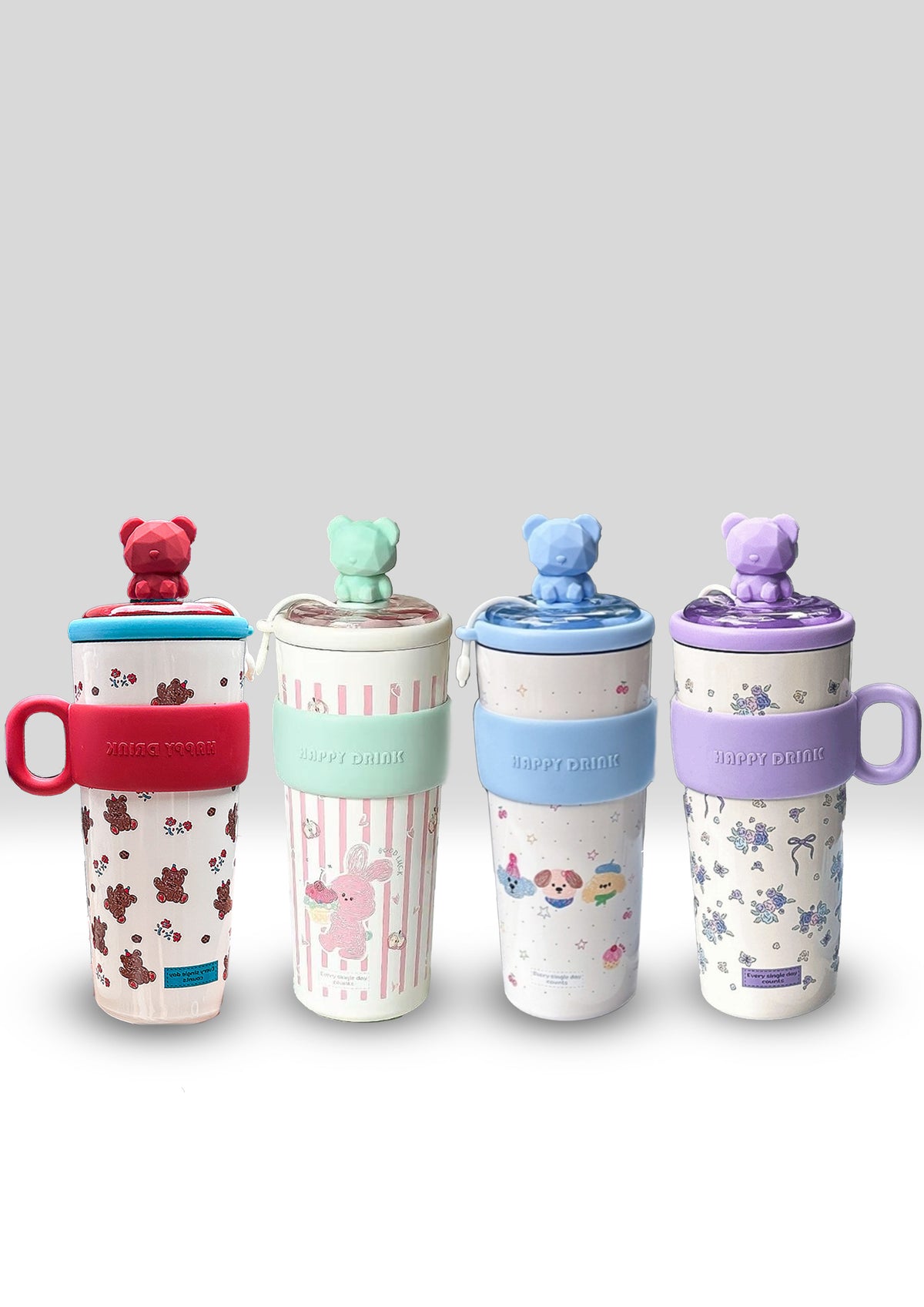 "Happy Drink" Kawaii Patterned Insulated Tumbler with Bear Lid
