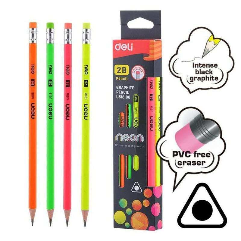 Deli Neon HB Lead Pencil With Erasers Graphite Pencil Pack Of 12 ...