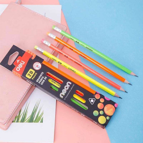 Deli Neon HB Lead Pencil With Erasers Graphite Pencil Pack Of 12