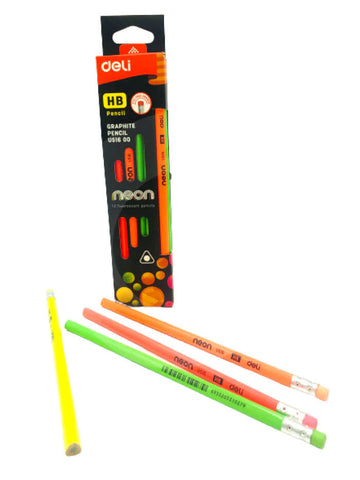 Deli Neon HB Lead Pencil With Erasers Graphite Pencil Pack Of 12