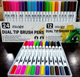Dual Tip Paint Brush Pen Set 12 and 24 Colors Fine Line and Brush both side Tips